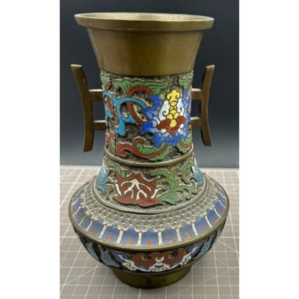 Vintage Japanese Cloisonne Enamel Bronze Vase Dual Handles Floral Decor